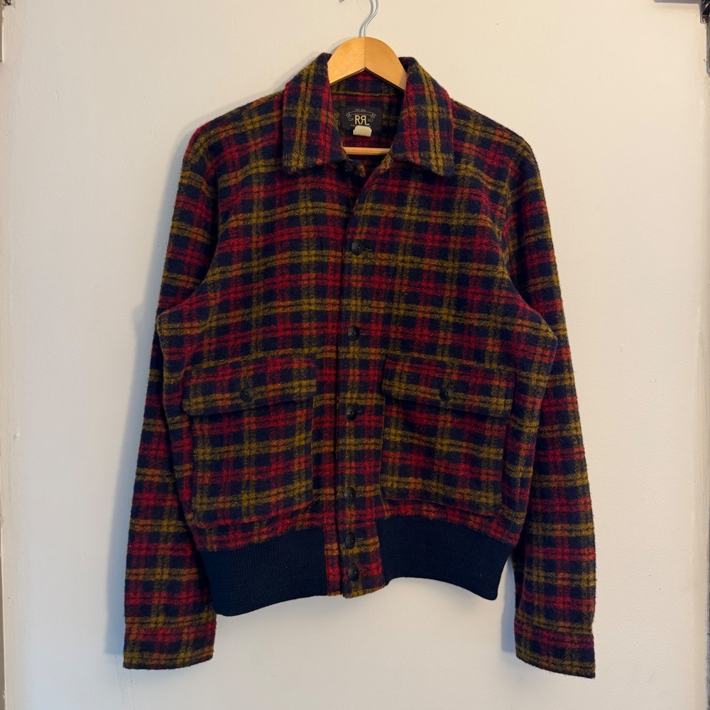 RRL Ralph Lauren Plaid Wool Bomber Jacket Mens Medium Red Blue Yellow Check
